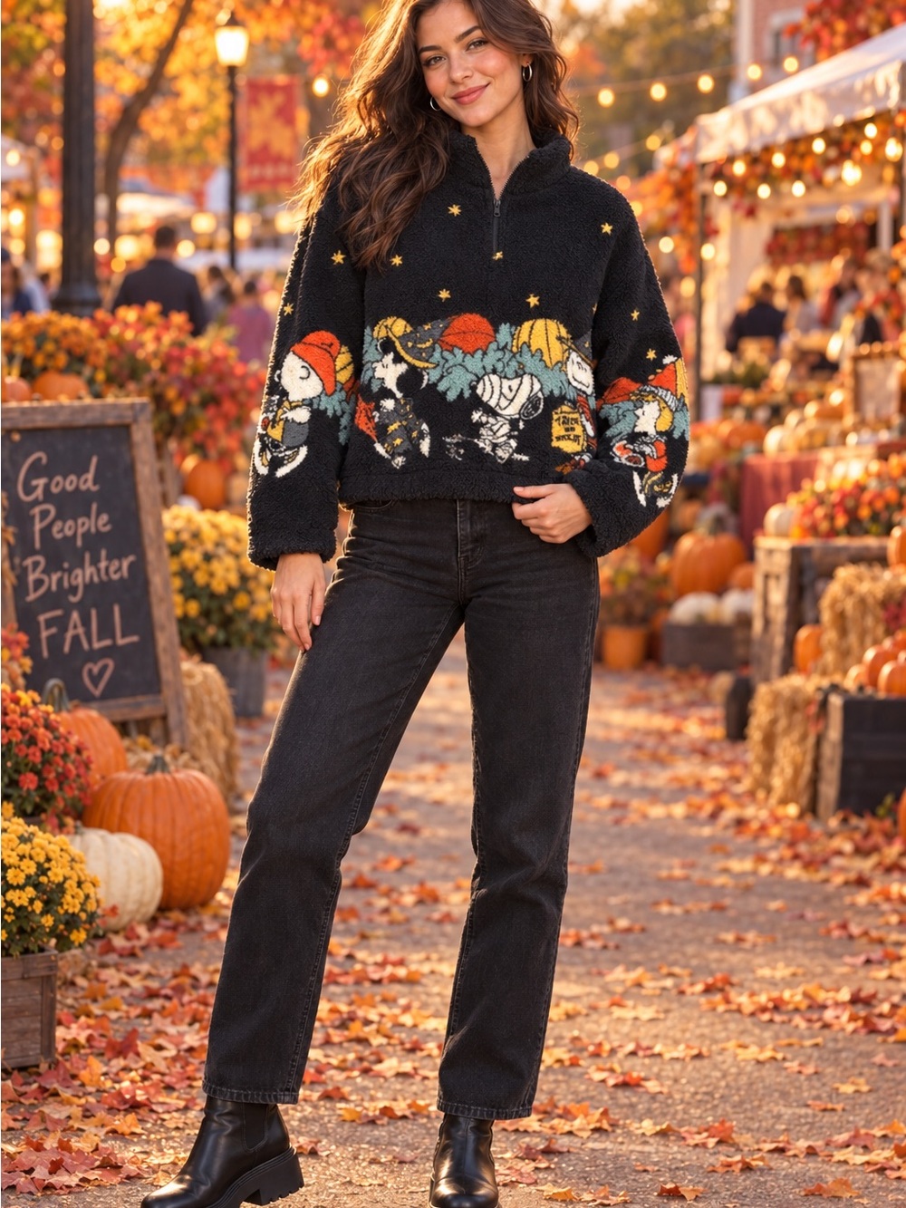Peanuts Halloween Black Sherpa Half-Zip Jacket *FITS LIKE A MEDIUM